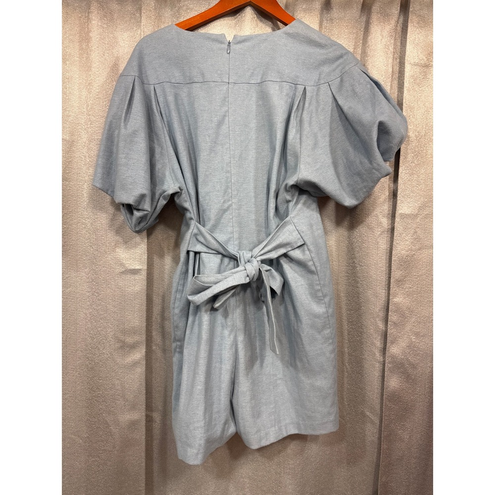 BCBGMAXAZRIA Chambray Puff Sleeve Wrap Romper Blue FIU9242180-485 Womens M NWT - Picture 5 of 6